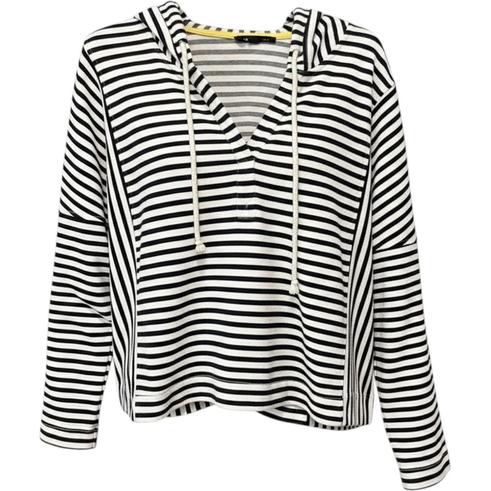 Jane &‎ Delancey Black Striped Hoodie L Nautical Sweatshirt Casual Chic Cropped